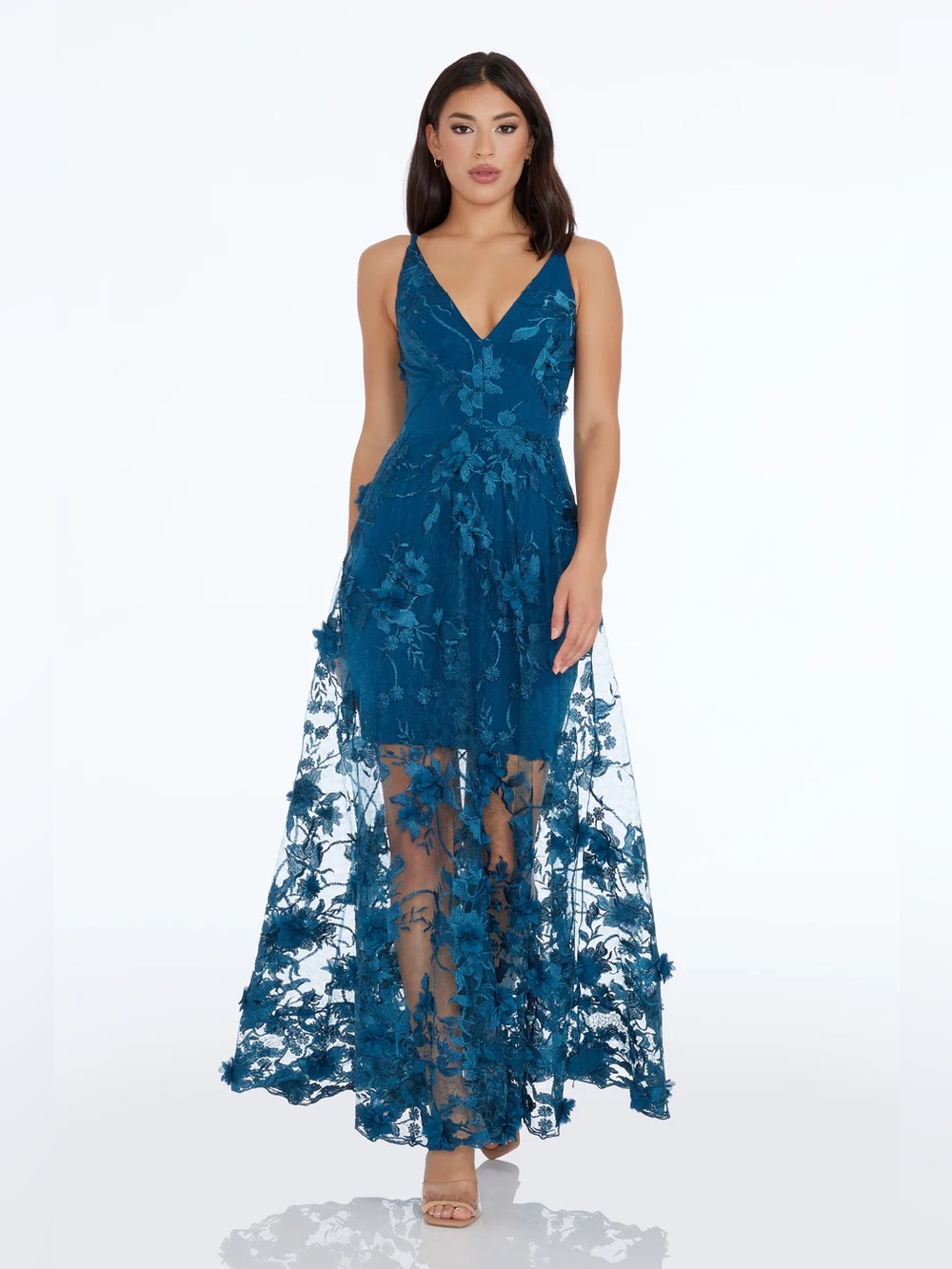 Dress the Population Sidney Gown Peacock Blue 3D Floral Appliqué Maxi Dress M - Picture 2 of 15